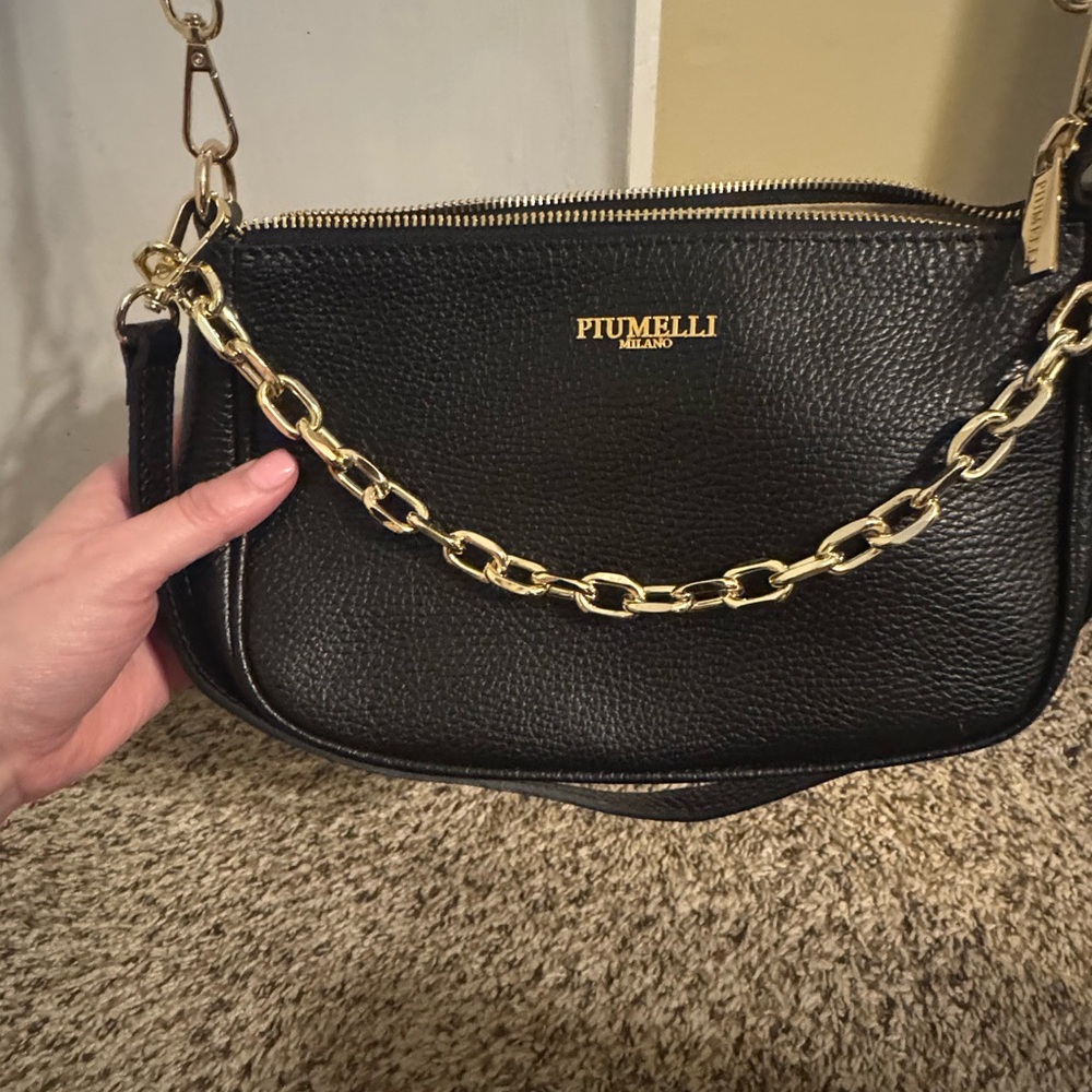 NEW Black Leather Bag from Italy. Never carried. Gold hardware.
